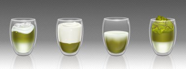 Duvar bardaklarındaki kibrit çay çeşitleri - sütlü yeşil toz içeceği, geleneksel Japon içeceği, cafe latte tarzı sunum, sağlıklı yaşam tarzı için sağlıklı antioksidan besin.