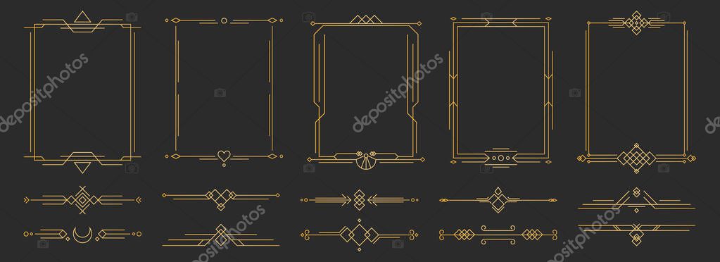 Art deco line divider frames collection - golden geometric borders with ornamental corners, vintage rectangular panels, luxury decorative elements for wedding invitations, retro certificate templates