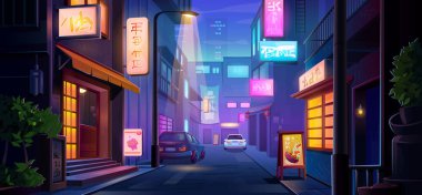 Şehir merkezindeki neon ışıklı Japon tabelaları dar bir sokağı aydınlatıyor. Pembe ve mavi ışıklı siber punk şehir manzarası, park edilmiş arabalar, kentsel dükkanlar ve kafeler. Dükkanları olan gece atmosferi.