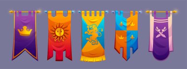 Oyun arayüzü için ortaçağ şatosu sancakları - aslan amblemli kraliyet bayrakları, fleur de lis, taç ve güneş sembolleri, gümüş altın sırık. Krallık flamaları fantezi roket varlıkları için direkte asılı.