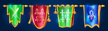 Altın direkler üzerinde ortaçağ bayrakları - yeşil haçlı kılıçlar ve çapraz amblem sancakları, kırmızı ve mavi fleur de lis standartları. Püsküllü RPG kale maceralı sihirli fantezi krallık sancakları