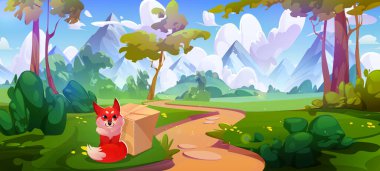 Ağaçların arasında dolambaçlı yolu olan orman manzarası, çimlerin üzerinde mukavva kutunun yanında oturan kırmızı tilki, dağ zirveleri ve doğa manzarası arka planında çalılar. Oyun ya da çocuk ortamı.