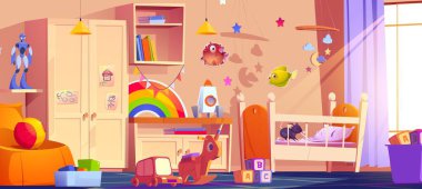 Fare, parlak turuncu koltuğu, ahşap gardırobu, yere saçılmış bir sürü oyuncağı, renkli kitaplığı olan çocuk odasında beşikteki yatağı çiğniyor. Asılı yıldızlar ve balıklarla süslenmiş neşeli bir yer.