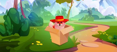 Kırmızı şapkalı tilkinin ağaçların arasından dağlara uzanan dolambaçlı bir patikanın yakınındaki karton kutuda oturduğu tuhaf orman sahnesi. Hikaye anlatma, oyun tasarımı ve eğitim içeriği için büyüleyici orman karakteri.