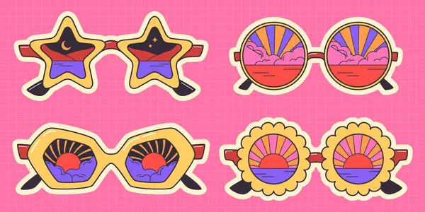 Pembe arkaplanda güneş gözlüğü etiketleri - deniz manzaralı yıldız şekilli çerçeveler, güneş ışığı yansıması gözlük, bulut gözlüklü altıgen güneş, plaj manzaralı çiçek tarzı güneş gözlükleri