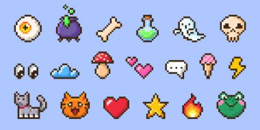 Piksel resim simgesi seti - retro 8 bit piksellenmiş gözler ve kemik, cadı kazanı ve cam şişe, hayalet ve kafatası, mantar ve kalp, kedi ve kurbağa, oyun arayüzü için çeşitli oyun öğeleri