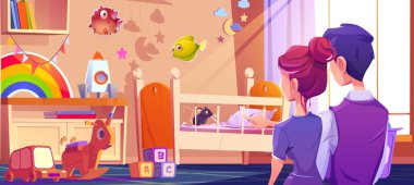 Ebeveyn çift, fare beşiğinde yatak çiğnerken izliyor. Kadın, erkek yanında dururken küçük yaratığı işaret ediyor. Çocuk odası gökkuşağı, roket oyuncağı ve alfabe bloklarıyla süslenmiş..