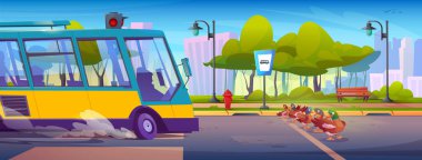 Sarı otobüs beklerken ördekler yol boyunca paytak paytak yürürler. Kahverengi kuşlar yeşil parkın yanında kuyruk oluşturuyorlar, bankları ve trafik ışıkları var. Şehir çizgi filmi hasta aracının su kuşlarını güvenli bir şekilde karşıya geçirdiğini gösteriyor..