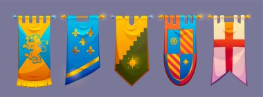 Oyun arayüzü için ortaçağ şatosu sancakları - aslan amblemi, fleur de lis, yıldız ve güneş sembolleri, çizgili ve çapraz dizaynlı kraliyet bayrakları. Krallık flamaları fantezi roket varlıkları için direkte asılı.