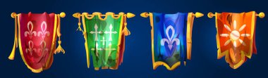 Altın kazıklarda asılı yırtık ortaçağ savaş afişleri savaş hasarı işaretleriyle yırtılmış bayrak kenarları. Oyun kalesi sahneleri ya da fantezi roket arayüzü unsurları için püsküllü yıpranmış krallık flamaları.