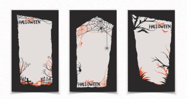 Cadılar Bayramı sosyal medya şablonlarıyla ürkütücü siluetler. Örümcek ağları, mezarlık çiti, mezarlık çiti, ürkütücü ağaçlar, siyah ve turuncu renkli yarasalar. Gotik hikaye sınırları.