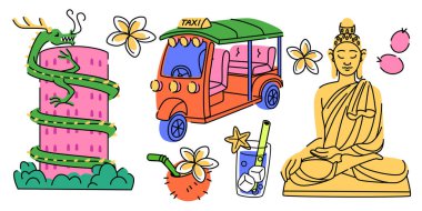 Buda heykeli, tuk-tuk taksisi, ejderha tapınağı, tropik çiçekler ve hindistan cevizi içeceği ile Tayland karalama koleksiyonu. Seyahat illüstrasyonları ve egzotik turizm tasarımı için renkli Güneydoğu Asya kültürel unsurları.