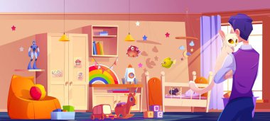 Renkli çocuk odasında beyaz kediyi sırtında tutan bir adam var. Fare beşikte yatağı kemiriyor. Ahşap mobilyalarla dolu bir oda, kitaplık oyuncaklarla dolu, yıldızlarla süslenmiş.