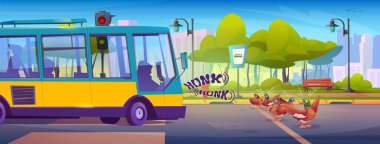 Sarı otobüs kornaya basarken ördekler şehir yolunu geçiyor. Kahverengi kuşlar yeşil parkın yakınındaki sesten dağılıyorlar, trafik ışıkları tepemizde. Oyun arkaplanları için bankları, binaları olan şehir karikatür manzarası.