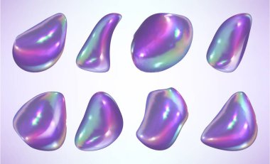 Işık arka planında izole edilmiş holografik yanardöner sıvı soyut şekiller. Parlak metalik parlaklığa sahip renkli sıvı eğimli kabarcıklar. Fütürist tasarım elemanları. Titreşimli 3 boyutlu parıldayan boya damlaları..