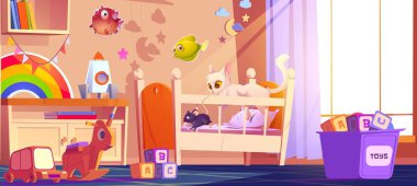 Beyaz kedi, siyah fareyi çocuk odasında ahşap karyolada kovalar. Renkli raf, gökkuşağı, roket oyuncağı, alfabe blokları aşağıda dağılmış. Parlak çocuk odası duvarları yıldızlarla ve aylarla süslenmiş..
