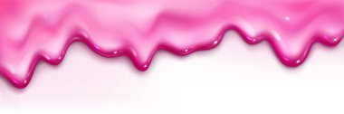 Pembe dondurma eriyor. Beyaz arka planda parlak sıvı çilekli tatlı akıyor. Yaz pankartı tasarımı ya da yemek illüstrasyonu için yumuşak krema dokusuyla erimiş tatlı dondurulmuş ikram.