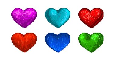 Y2k piksel kalp koleksiyonu - ışıl ışıl dijital desenli canlı renklerde retro 8 bit aşk simgeleri. Sevgililer Günü kartları, oyun arayüzleri veya klasik web tasarımı için nostaljik dijital romantizm sembolleri.