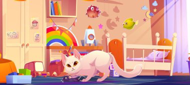Beyaz kedi siyah fareyi renkli çocuk odasında mavi halıda yakaladı. Beşiğin yanında kemirgenler, gardırop ve oyuncaklar çocuk odasına saçılmış. Yatak odası yıldızlar, ay ve balıklarla süslenmiş..