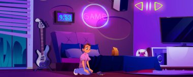 Üzgün genç çocuk, oyun konsolu ve TV ekranı, hoparlörler ve neon ışıklı işaretler, pencere ve yatağın yanındaki elektro gitar gibi mor çocuk odasında kırık bilim kurgu küpünün yanında oturuyor..