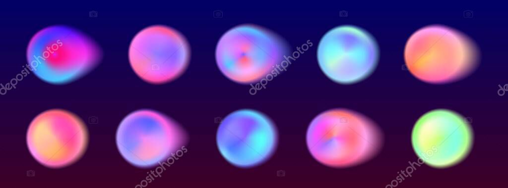 Vibrant gradient circle set with soft aura effects on dark bg - colorful glowing orbs in pink, blue, purple, orange and green hues for modern digital design, web interface or abstract art projects.