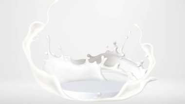 Beyaz süt, ürün sunumu için dairesel platformu çevreleyen kremalı sıvı kaplama podyum sergiliyor. Kozmetik, gıda reklamcılığı veya içecek gösterisi için pürüzsüz mandıra ve zarif bir sahne.