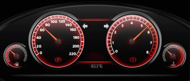 Aydınlatılmış hız göstergelerine sahip modern araç gösterge paneli - hız, devir sayaçları, yakıt ve sıcaklık göstergeleri gösteren siyah otomotiv paneli. Araç istatistikleriyle dijital mil sayacı.