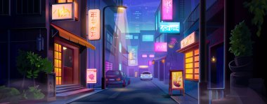 Şehir merkezindeki neon gece manzarası. Parlak dükkan işaretleri, fenerler ve renkli pencereleri olan bir sokak. Yıldızlı gökyüzünün altındaki kafenin yakınına park edilmiş arabalar siber punk oyunları şehir manzaraları ya da lofi estetik sanat eserleri içindir.