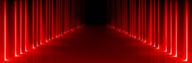 Parlak ışık şeritleri olan soyut kırmızı neon tünel koridoru - aydınlatma efektiyle siber punk tasarımı, oyun bg veya teknoloji sunumu için karanlığa açılan aydınlık yol.