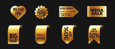 Parlak metalik kaplamalı altın indirimli rozet koleksiyonu - kalp şeklinde büyük satış, yıldız patlaması indirimi özel fiyat, özel teklif etiketi, mega satış dikdörtgeni, perakende promosyonlar için eğri kurdele etiketleri.
