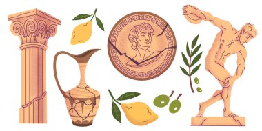 Sütunlu antik Yunan karalama seti, yazı-tura profili, disk fırlatıcı heykeli, seramik amfora sürahisi, sarı limon ve yeşil zeytin. Tarihi tasarım için desenli Akdeniz antik sembolleri