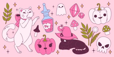 Kediler ve hayaletler, cadı şapkası ve iksir şişesi, kristaller ve mantarlar, kafatası, yüzlü balkabağı ve yapraklı Cadılar Bayramı koleksiyonu. Tatlı sonbahar partisi dekorasyonu için Kawaii ürkütücü elementleri.