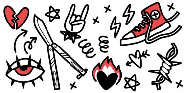 Cesur punk rock karalama ikonları ve sembolleri - kırık kalp ve bıçak, yıldırım ve spor ayakkabı, göz ve alevler. Dövmeler için el çizimi isyankar grafikler, alternatif bant ürünleri. Ham sokak sanatı elementleri.