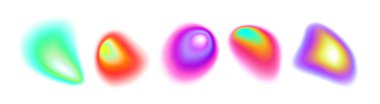 Canlı gradyan aura şekilleri koleksiyonu - modern tasarım, enerji görselleştirme veya ışık desenli holografik çizimler için beyaz zemin üzerinde gökkuşağı parıltısı etkisi olan yumuşak renkli küreler.