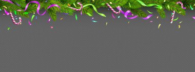 Noel ağacı çelenk sınırında renkli kurdeleler, şeker kamışları ve şeffaf arka planda konfeti. Mevsimlik tebrik kartı için yeşil dallı ve flamalı bayram süslemeleri..