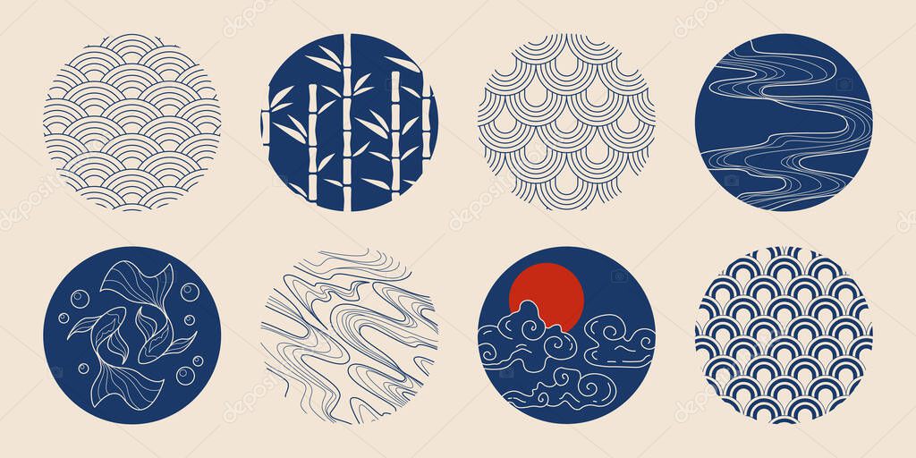 Japanese tradition circle patterns in navy blue on beige bg - wave motifs, bamboo stalks, koi fish, sunset over clouds and geometric seigaiha scales designs. Asian oriental decorative elements.