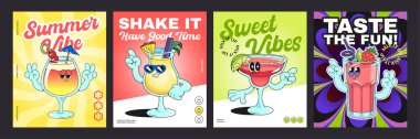Retro karakterli harika kokteyl posterleri. Klasik tipografili yazlık tropikal içecekler. Eğlence içecekleri dans ediyor, el sallıyor, barış jestleri gösteriyor..