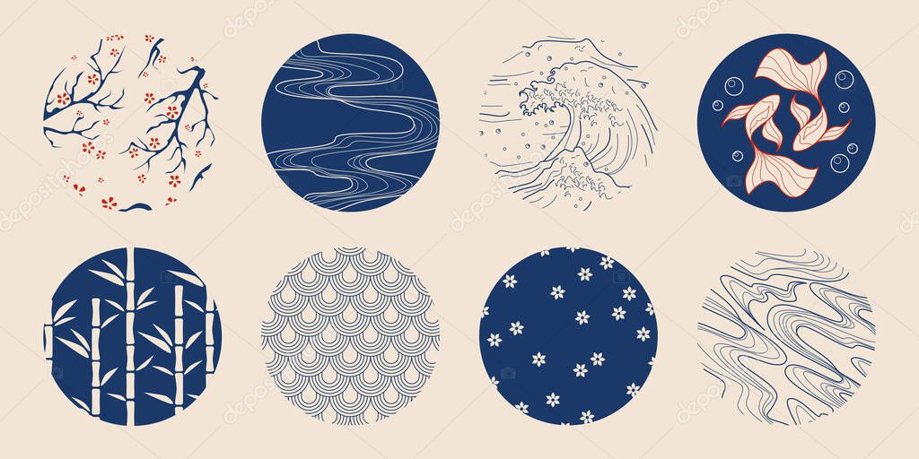 Japanese tradition circle patterns - cherry blossoms, ocean waves, koi fish, bamboo and flowing water designs. Asian decorative elements with sakura branches, blue geometric shapes and nature motifs.