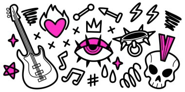 Kafatası ve gitarlı, yıldırımlı, dikenli gözlü, taç ve alevlerle donanımlı punk rock doodle seti. Alternatif müzik kültürü, grunge moda, yeraltı sanatı için cesur el çizimi pembe ve siyah simgeler.