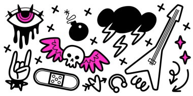 Eriyen gözlü, kafatası kanatlı, yıldırım bulutlu, elektro gitarlı siyah punk rock karalama koleksiyonu. Gotik stil el yapımı elementler. Kaya hareketi, bomba, bandaj, etrafa saçılmış yıldızlar..