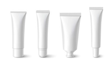 Kozmetik ambalaj modelleri için farklı boyutlarda beyaz dudak kremi koleksiyonu. Profesyonel güzellik ürünü tasarımları için plastik kaplar - merhem, parlatıcı ve nemlendirici formatlar.