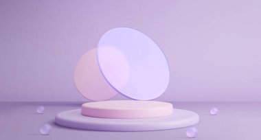Camdan dekorasyonlu 3d podyum - Pastel mor ve pembe platformlu, şeffaf daireler arkaplan. Yumuşak gradyan aydınlatma ve dağınık kürelerle minimalist ürün gösterisi sahnesi
