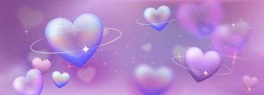 Y2k kalpleri yörünge halkaları ve gradyan bg ile parlayan haleler, ışıltılar ve yıldızlarla çevrili parlak yüzen aşk sembolleri. Rüya gibi pembe pembe estetik romantik dijital sanat veya sevgililer günü duvar kağıdı