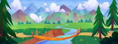 Mavi nehri aşan ahşap köprüsü olan manzaralı dağ manzarası. Yeşil çayırlar, çam ağaçları, kayalık tepeler ve tüylü bulutlar olan karikatür vadisi manzarası. Açık hava keşfi için macera oyunu bg