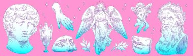 Değişik renklere sahip antik Yunan karalama seti - klasik heykeller, kanatlı melek, melek, amfora vazosu ve pembe arka planda sakallı filozof. Mitoloji tasarımı için buhar dalgası estetik çizimleri