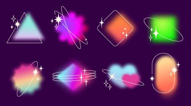 Parlak bulanık efektleri olan Y2k gradyan şekil - üçgen ve elmas, çiçek ve kalp, kare ve yuvarlak dikdörtgen. Geçmişe dönük tasarımlar için parıldayan neon renkli geometrik elementler.