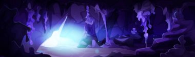Sihirli mağara içi, parlak mavi ışık girişi, mor sarkıtlar, mistik taş oluşumları. Fantezi oyunları için büyülü yeraltı mağarası, macera bg.
