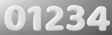 Gri arka planda pürüzsüz yuvarlak kenarlı beyaz 3D numaralar koleksiyonu. Doğumgünü veya yıldönümü kartları veya minimalist tasarımda kullanılan eğitim materyalleri için modern hacim biçimli şişirilmiş parmaklar.