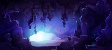 Sihirli mağara içi, parlak mavi ışık girişi, mor sarkıtlar, mistik taş oluşumları. Fantezi oyunları için büyülü yeraltı mağarası, macera bg.