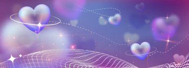 Parlak kalpler mor pembe eğimli uzayın yörüngesinde Y2k kablo dalgası, yıldızlar ve ışıltılarla dönüyor. Romantik dijital tasarımlar için galakside süzülen aşk şekilli gerçekçi 3D rüya sahnesi.